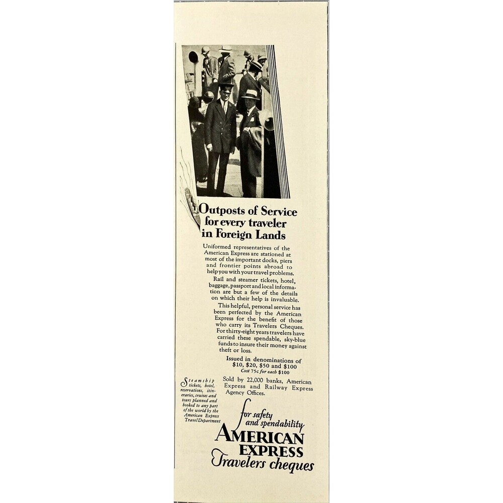 American Express Travelers Checks "for safety and spendability"Vtg Print Ad 1929